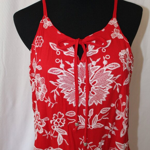 SUNDRESS Westport Red White Floral Embroidery Lined Tie Front MAXI XL Pre-Loved - Picture 2 of 13